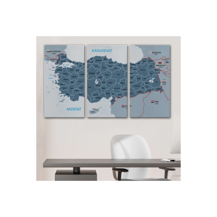 Türkiye Haritası Kanvas Tablo Sınır Komşulu Eğitici ve Öğretici Dekoratif Tablo 3093