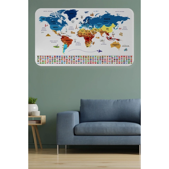 Ülke Bayrak lı Eğitici Başkent Detaylı Atlası Dünya Haritası Duvar Sticker -60x105-3857