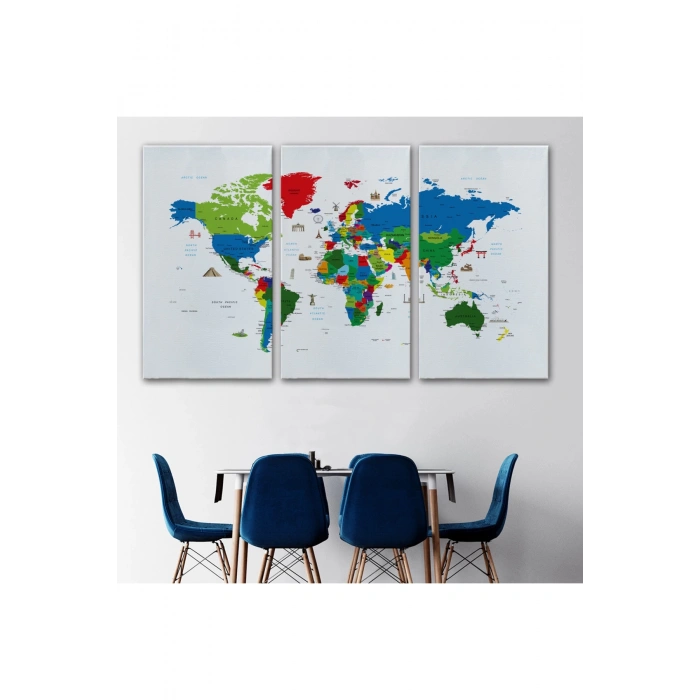 Ünlü Yerler Sembollü Kanvas Dünya Haritası 1002