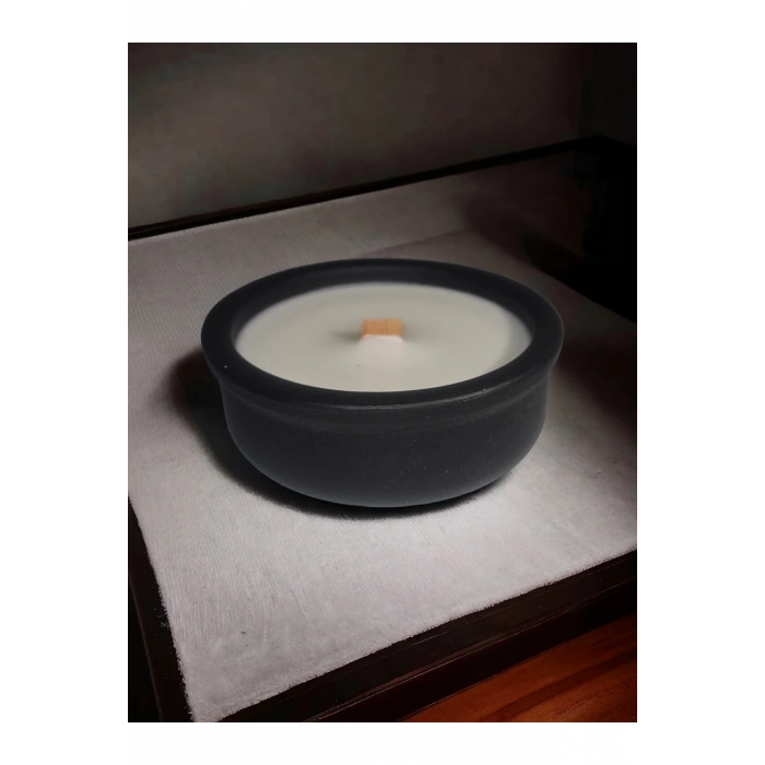 Vanilya Kokulu Aromaterapi Mum, Ahşap Fitilli, Dekoratif Doğal Çömlek Mum