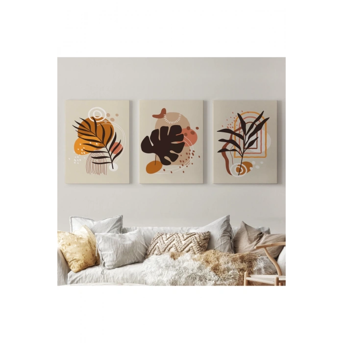 Yaprak Desenli Soyut Dekoratif Duvar Tablosu Üçlü Set-EH-107