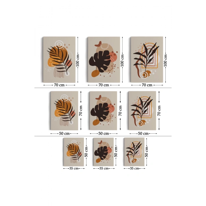 Yaprak Desenli Soyut Dekoratif Duvar Tablosu Üçlü Set-EH-107