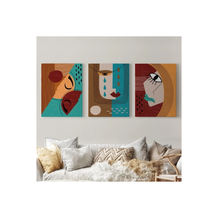Yaratıcı Soyut Geometrik 3lü Portre Seti Kanvas Duvar Tablosu-AD-4