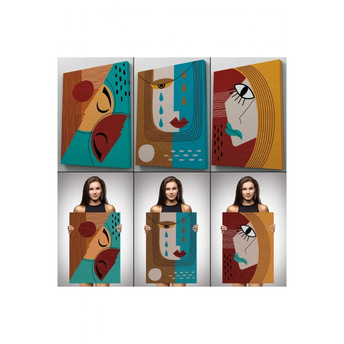 Yaratıcı Soyut Geometrik 3lü Portre Seti Kanvas Duvar Tablosu-AD-4