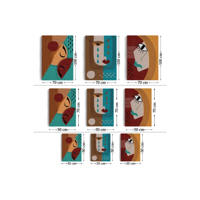 Yaratıcı Soyut Geometrik 3lü Portre Seti Kanvas Duvar Tablosu-AD-4