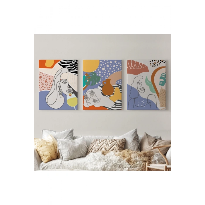 Zarif Kadın Fifürü ve Yapraklar Temalı Dekoratif Duvar Tablosu Üçlü Set-DU-98