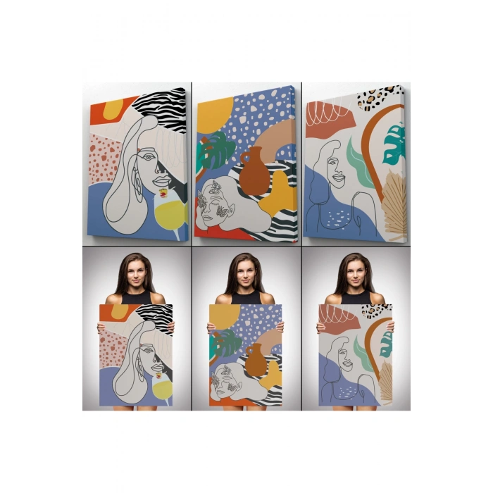 Zarif Kadın Fifürü ve Yapraklar Temalı Dekoratif Duvar Tablosu Üçlü Set-DU-98