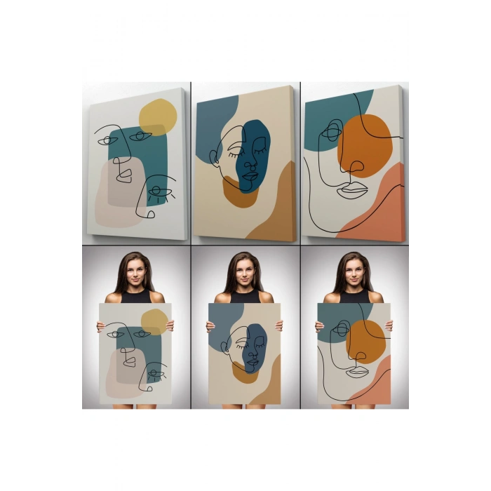 Zarif Kadın Fifürü ve Yapraklar Temalı Dekoratif Duvar Tablosu Üçlü Set-ED-103