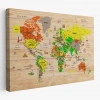 Ahşap Görünümlü Türkçe Dünya Haritası Sembollü Eğitici Dekoratif Kanvas Tablo 2893