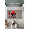Dijital Baskı Gri Kırmızı Kalpli Patili I Love Dogs Dekoratif Kapı Paspası K-2076