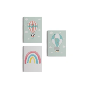 3’lü Tablo Balonla Uçan Sevimli Hayvanlar Temalı Dekoratif Duvar Tablo Seti-BP-41