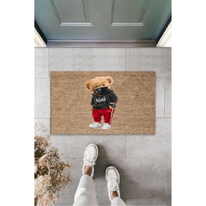 Dekoratif Dijital Maskeli Ayıcık Bej Kapı Paspası Dış Mekan Paspas K-3179