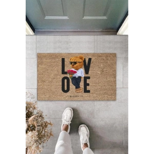 Bej Kapı Önü Paspası Kırmızı Güller Ayıcık Desen K-3338