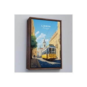 Ahşap Çerçeveli Portekiz Lizbon Sarı Tramvay Tablosu-7972