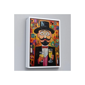 Ahşap Çerçeveli İçki Sunan Bıyıklı Adam Tablosu-8003