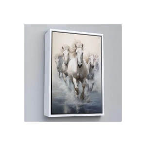 Ahşap Çerçeveli Suda Koşan Beyaz Atlar Tablosu-8000