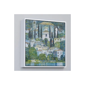 Ahşap Çerçeveli Gustav Klimt - Cassone’Deki Kilise Selvili Manzara Tablosu-8345