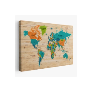 Ahşap Görünümlü Dünya Haritası Ayrıntılı ve Dekoratif Kanvas Tablo 1801