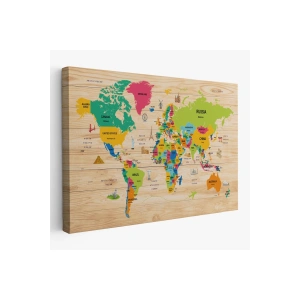 Ahşap Görünümlü Dünya Haritası Dekoratif Kanvas Tablo 2099