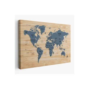 Ahşap Görünümlü Dünya Haritası Ülke Başkentli Kanvas Tablo 1843