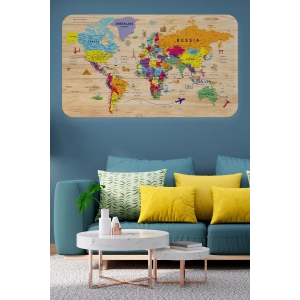 Ahşap Görünümlü Eğitici Detaylı Atlası Dünya Haritası Duvar Sticker -60x105-3842