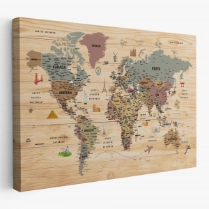 Ahşap Görünümlü Türkçe Dünya Haritası Sembollü Eğitici Dekoratif Kanvas Tablo 2951