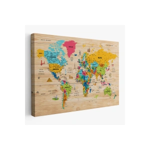 Ahşap Görünümlü Türkçe Dünya Haritası Sembollü Eğitici Kanvas Tablo 2939