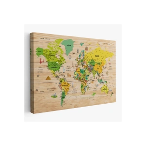 Ahşap Görünümlü Türkçe Dünya Haritası Sembollü Eğitici Kanvas Tablo 2947