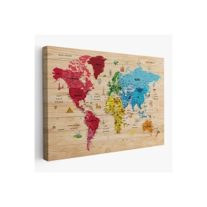 Ahşap Görünümlü Türkçe Dünya Haritası Sembollü Eğitici Kanvas Tablo 2949