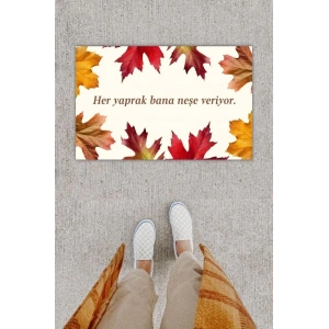 Dijital Baskı Dekoratif Kuru Yaprak Bej Kapı Önü Paspası K-1203