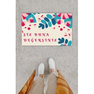 Dijital Baskı Dekoratif Siz Buna Değersiniz Pembe Mavi Kapı Önü Paspası K-1202