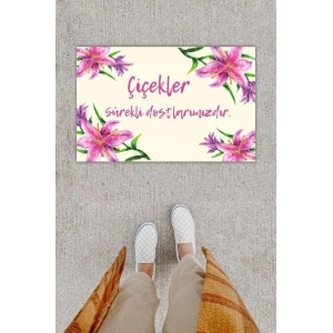 Dijital Baskı Dekoratif Zambak Pembe Kapı Önü Paspası K-1204