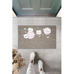 Dijital Baskı Gri Kalpli Pembeli Uykucu Kediler Dekoratif Kapı Paspası K-2068