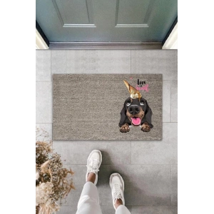 Dijital Baskı Gri Love Sweet Kafasında Külahlı Dondurmalı Köpek Dekoratif Kapı Paspası K-2055