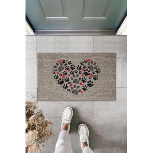 Dijital Baskı Gri Patili Kalp Dekoratif Kapı Paspası K-2045