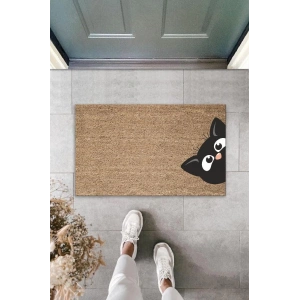 Dijital Baskı Kahverengi Kenardan Bakan Kara Kedi Dekoratif Kapı Paspası K-2018