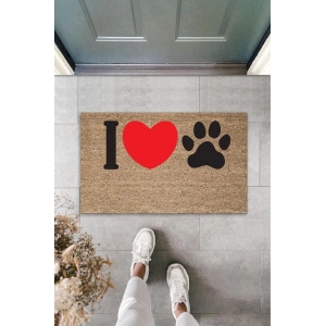 Dijital Baskı Kahverengi Kırmızı Kalpli I Love Pati Dekoratif Kapı Paspası K-2074