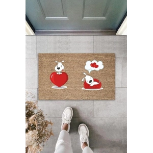 Dijital Baskı Kahverengi Kırmızı Kalpli Rüya Gören Köpekler Dekoratif Kapı Paspası K-2012