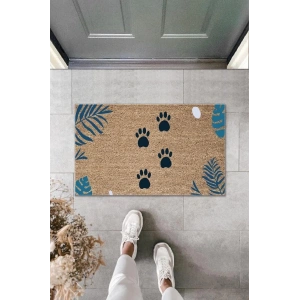 Dijital Baskı Kahverengi Mavi Yapraklı Patili Dekoratif Kapı Paspası K-2008