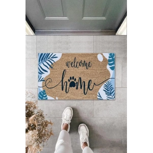 Dijital Baskı Kahverengi Mavi Yapraklı Welcome Home Dekoratif Kapı Paspası K-2007