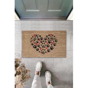 Dijital Baskı Kahverengi Patili Kalp Dekoratif Kapı Paspası K-2044