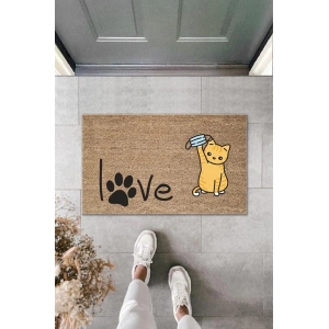 Dijital Baskı Kahverengi Patili Love Yazılı Maskeli Kedi Dekoratif Kapı Paspası K-2010