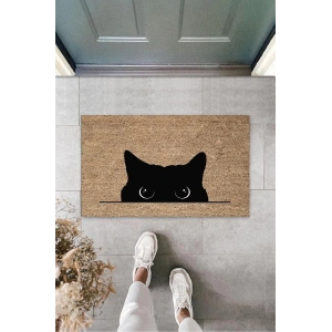 Dijital Kara Kedi Bej Kapı Paspası Dış Mekan Paspas K-3185