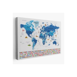 Dünya Haritası Ayrıntılı Eğitici  Sembollü Bayraklı Dekoratif Kanvas Tablo 2829