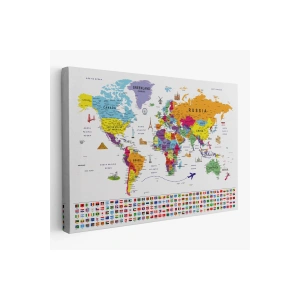 Dünya Haritası Ayrıntılı Eğitici  Sembollü Bayraklı Dekoratif Kanvas Tablo 2833