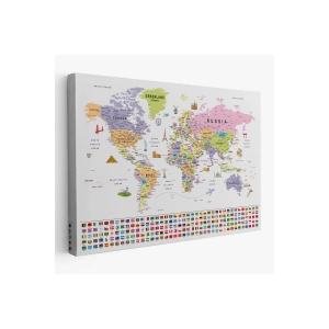 Dünya Haritası Ayrıntılı Eğitici  Sembollü Bayraklı Dekoratif Kanvas Tablo 2845