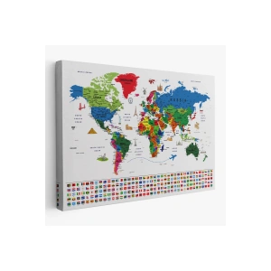 Dünya Haritası Ayrıntılı Eğitici  Sembollü Bayraklı Dekoratif Kanvas Tablo 2881