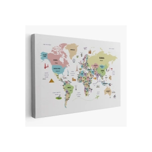 Dünya Haritası Dekoratif Kanvas Tablo Ülke ve Başkentli Öğretici ve Sembollü 2307