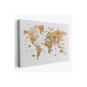 Dünya Haritası Dekoratif Kanvas Tablo Ülke ve Başkentli Öğretici ve Sembollü 2323