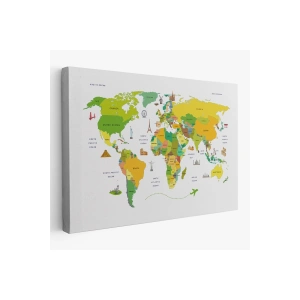 Dünya Haritası Dekoratif Kanvas Tablo Ülke ve Başkentli Öğretici ve Sembollü 2325